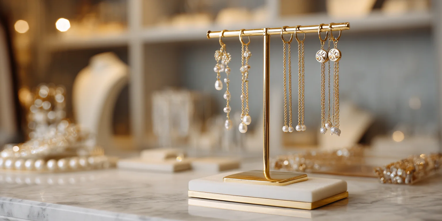 An elegant gold earring holder on a marble base displays pearl earrings, like a stylish wire earring stand or wire earring rack.